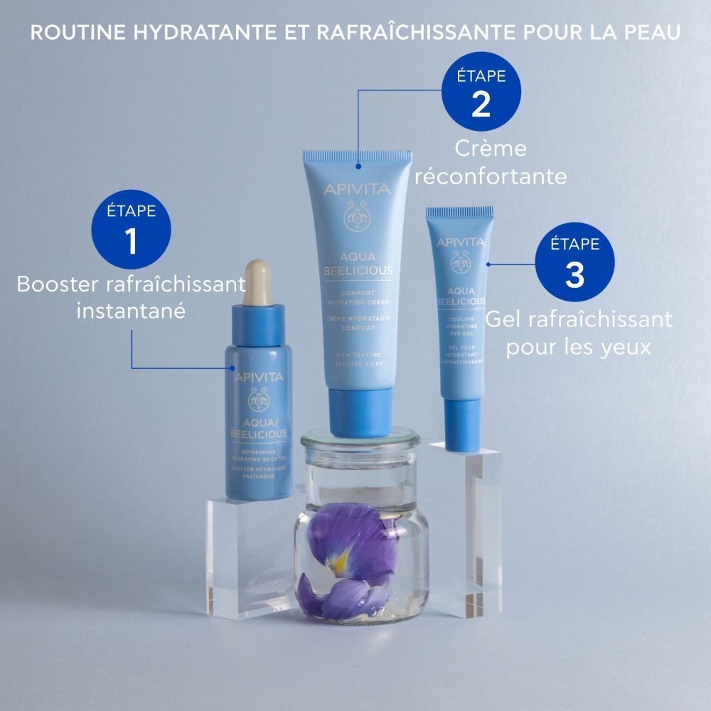 Produit avec ingrédients. 98% d'origine naturelle. Texte : Ciste, Iris & Rose sauvage.
