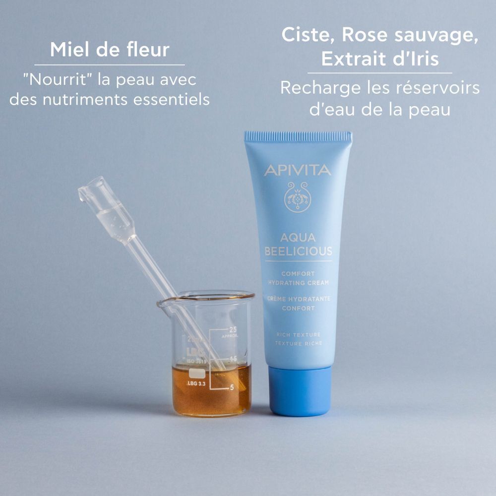 Trois produits. Texte : Booster rafraîchissant, crème, gel pour les yeux. Pour une peau hydratée.