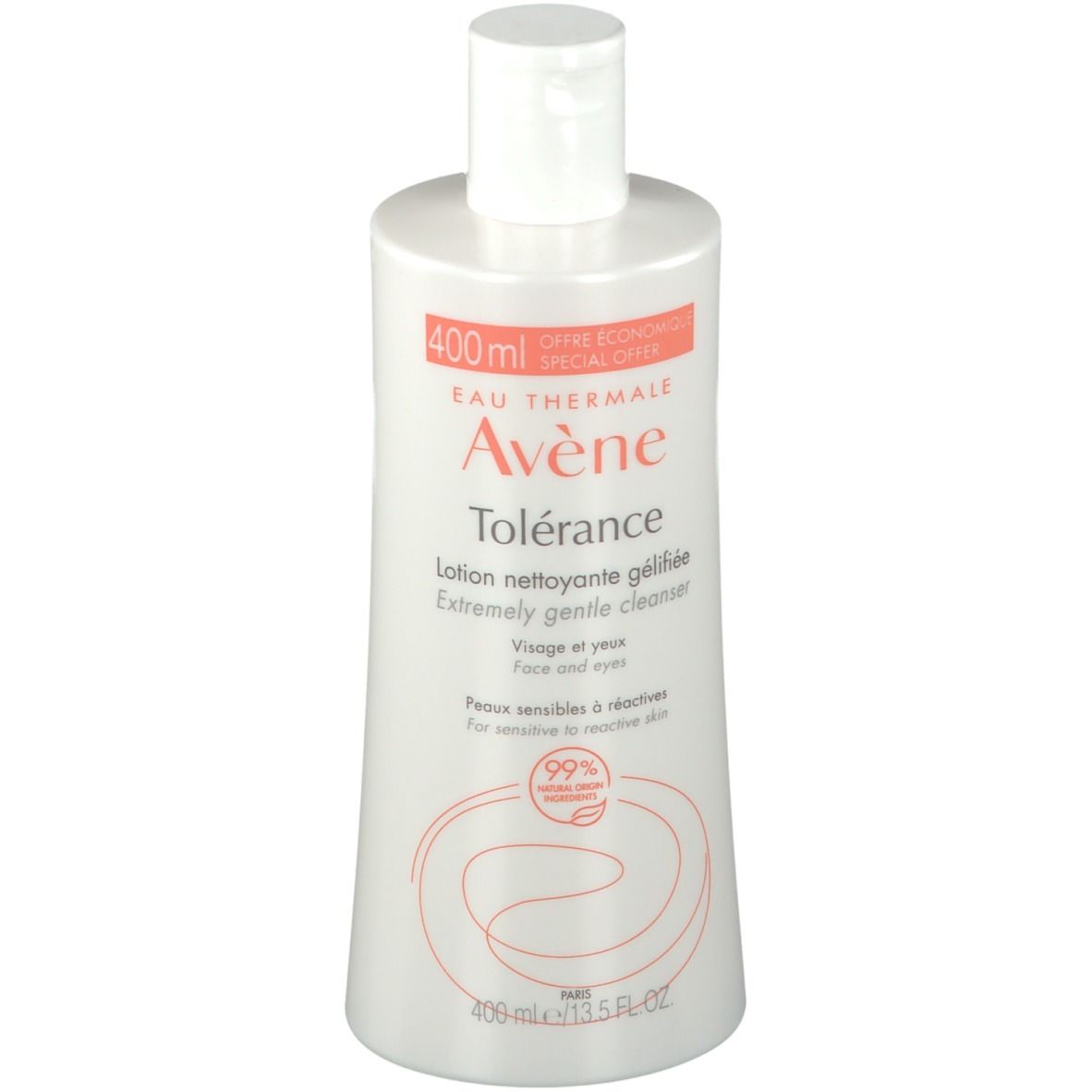 Avène Tolérance: 400ml weiße Flasche mit weißem Klappdeckel. Lotion nettoyante gelifiée für empfindliche Haut.