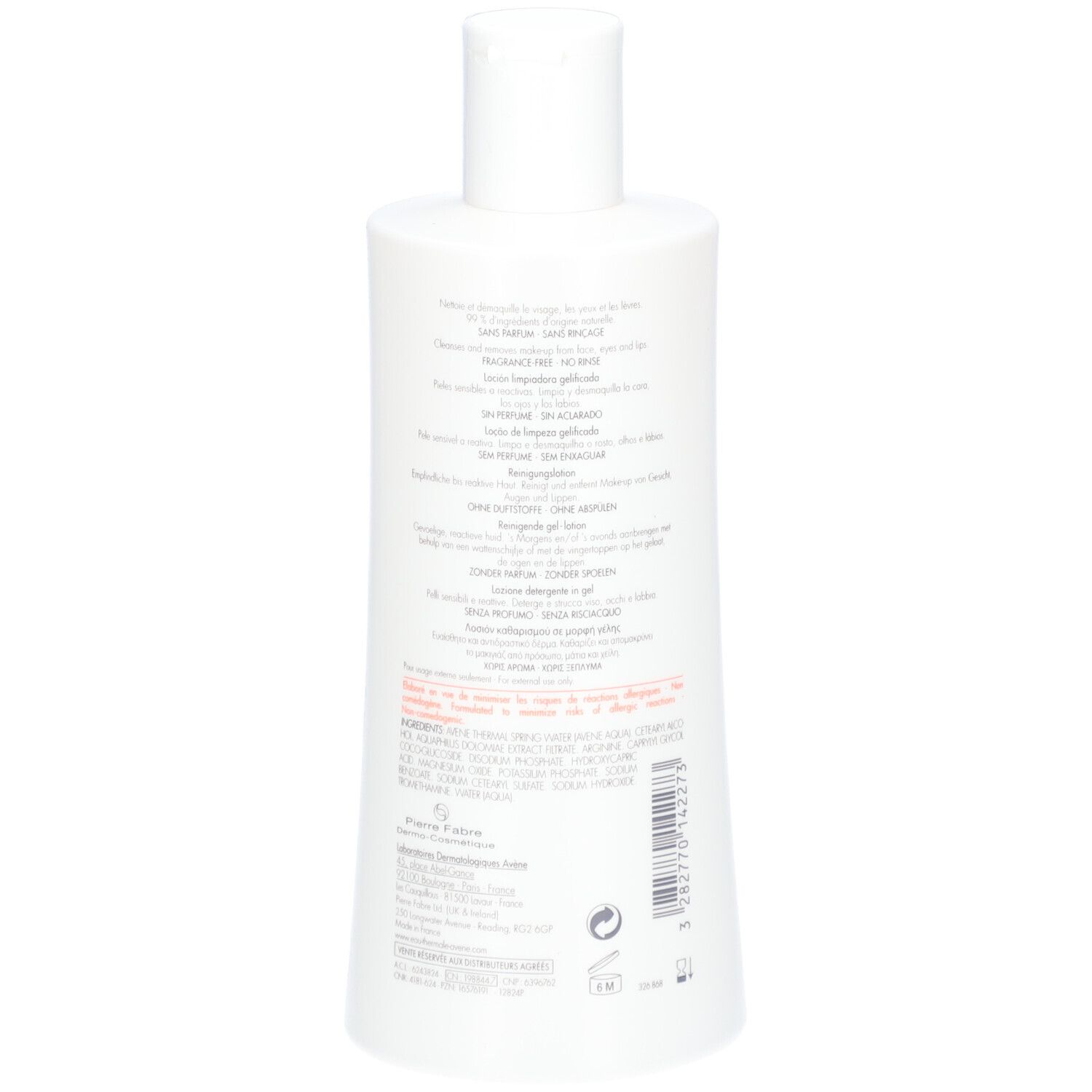 Weiße Flasche mit mehrsprachigen Produktinformationen und Barcode.
