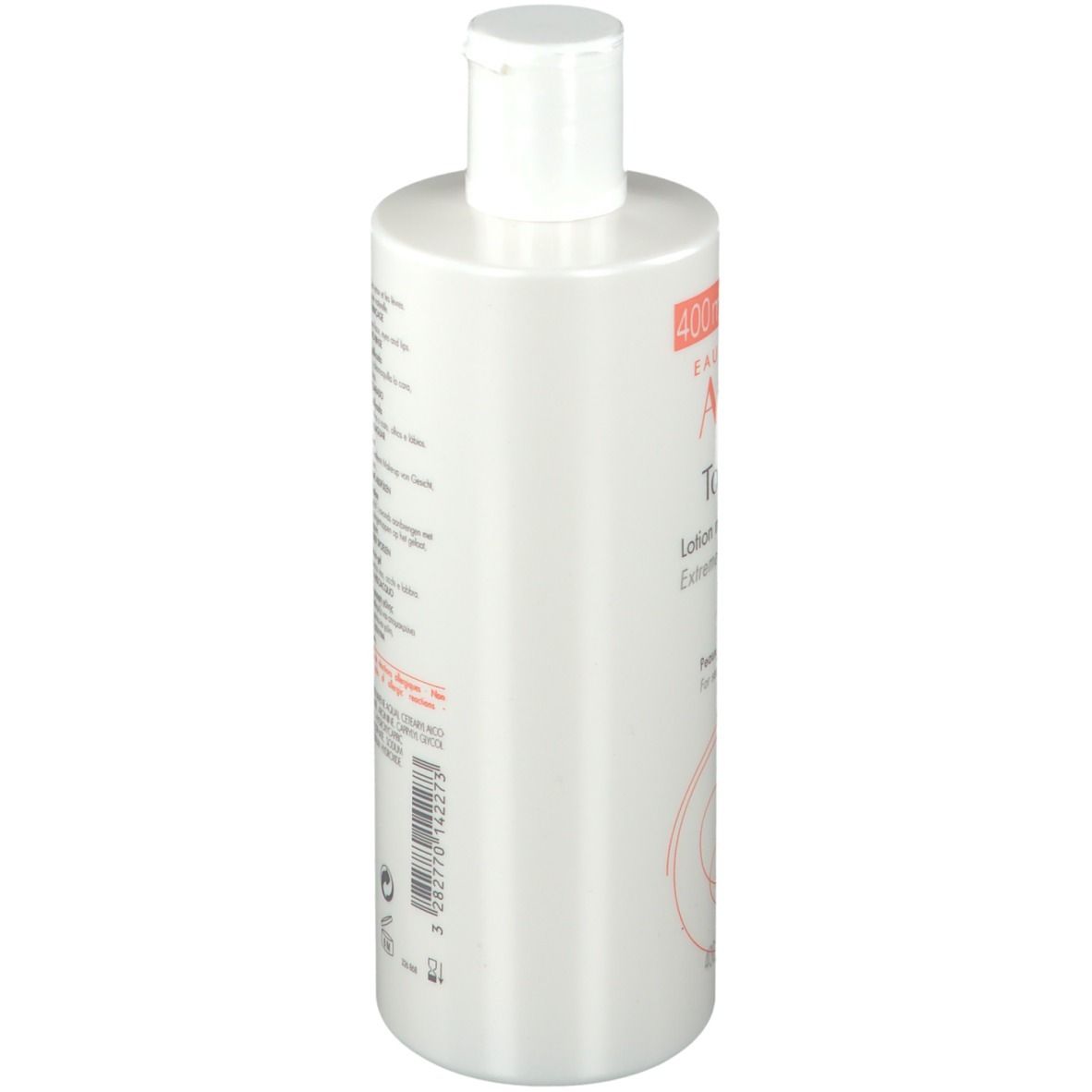 Weiße Flasche mit weißem Klappdeckel. Enthält 400ml. Beschriftung auf Deutsch und Französisch.
