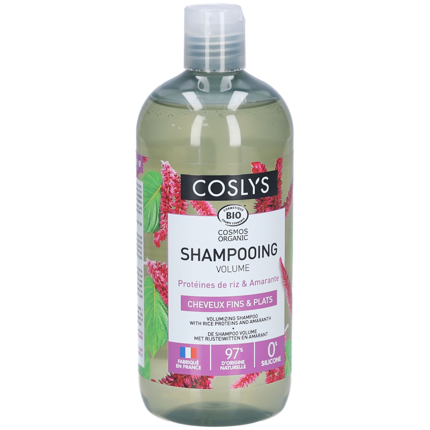 Shampooing Volume Flasche. Transparentes Shampoo mit Etikett. Aufschrift: COSLYS, Shampooing Volume, Proteinen de riz & Amarante.