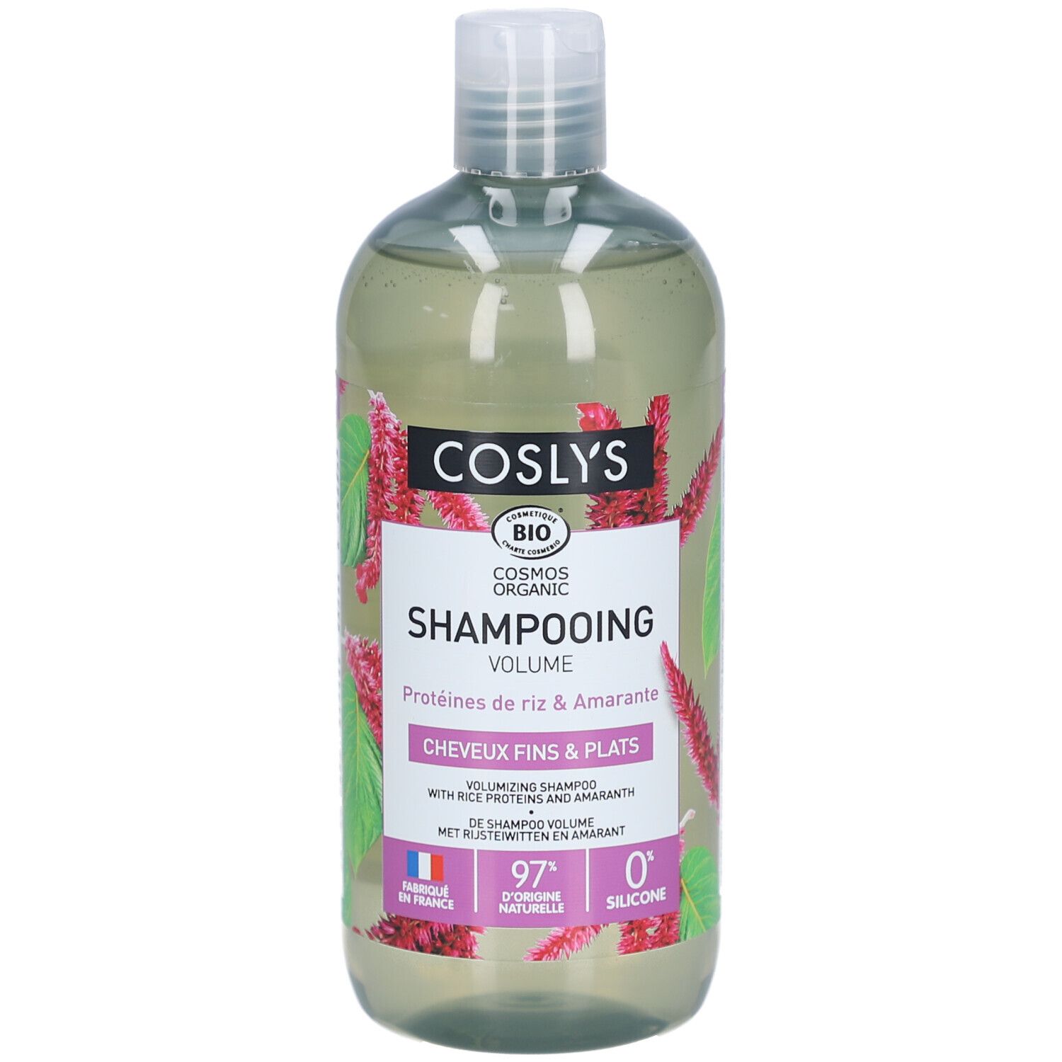 Shampooing Volume Flasche. Transparentes Shampoo mit Etikett. Aufschrift: COSLYS, Shampooing Volume, Proteinen de riz & Amarante.