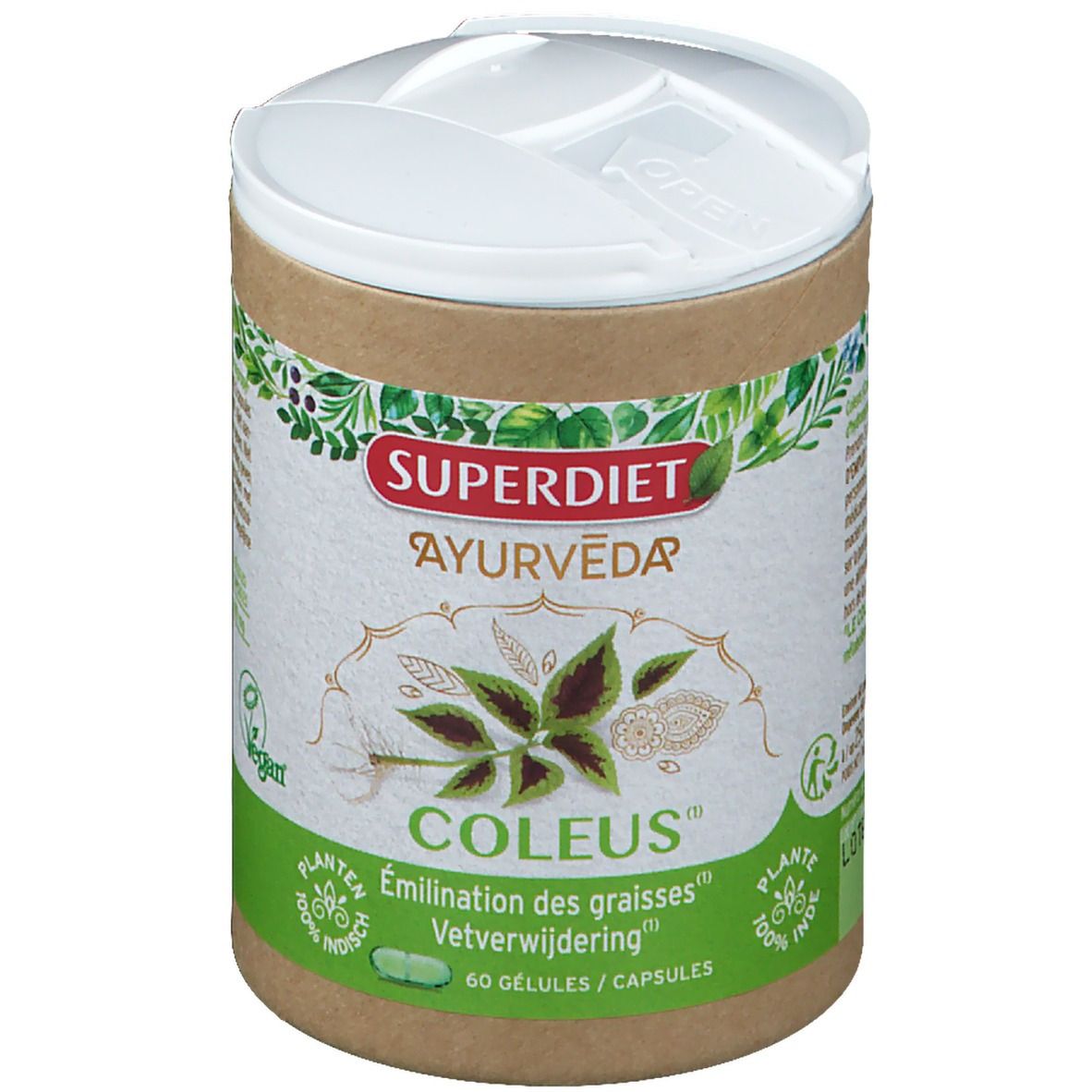 Cilindrische doos met witte deksel. Opschrift: SUPERDIET AYURVÉDA COLEUS. 60 capsules. Groen-bruine verpakking.