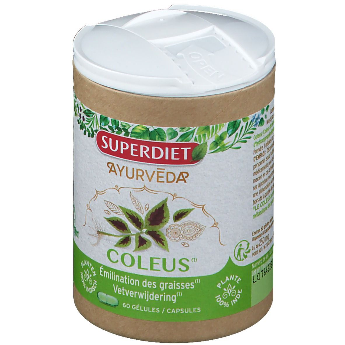 Cilindrische doos met witte deksel. Opschrift: SUPERDIET AYURVÉDA COLEUS. 60 capsules. Groen-bruine verpakking.