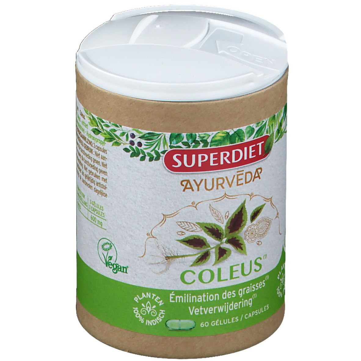 Cilindrische doos met witte deksel. Opschrift: SUPERDIET AYURVÉDA COLEUS. 60 capsules. Vegan logo. Groen-bruine verpakking.