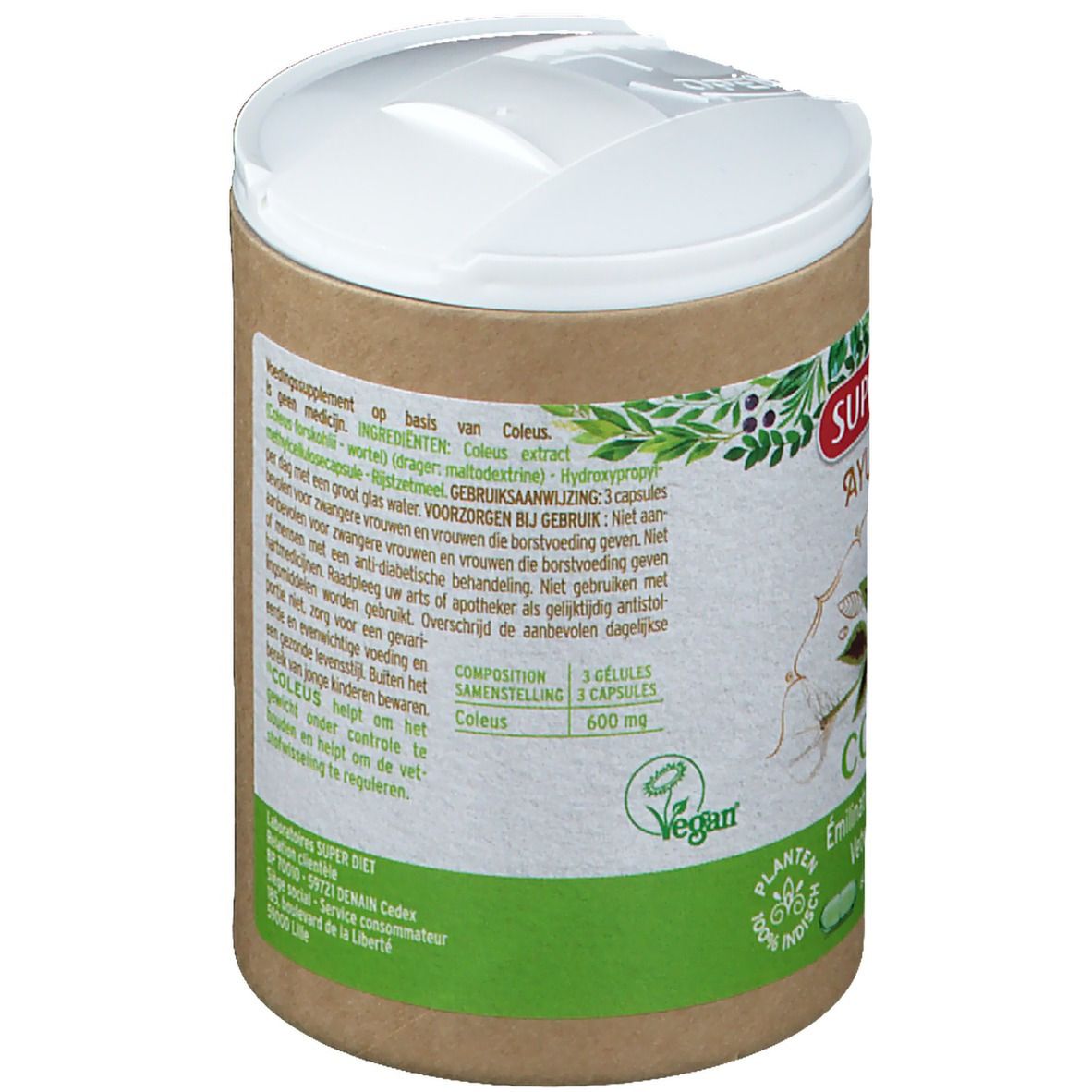 Achterkant van de doos. Tekst in het Frans en Nederlands. Ingrediëntenlijst, gebruiksaanwijzing, vegan logo. Bruine en groene verpakking.
