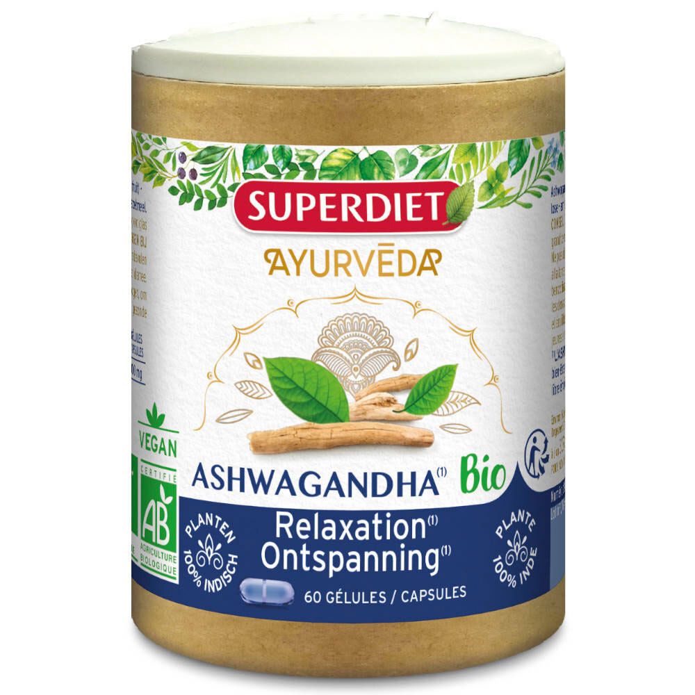 Emballage cylindrique 'Superdiet Ayurveda Ashwagandha Bio'. Contient 60 gélules. Label Vegan.