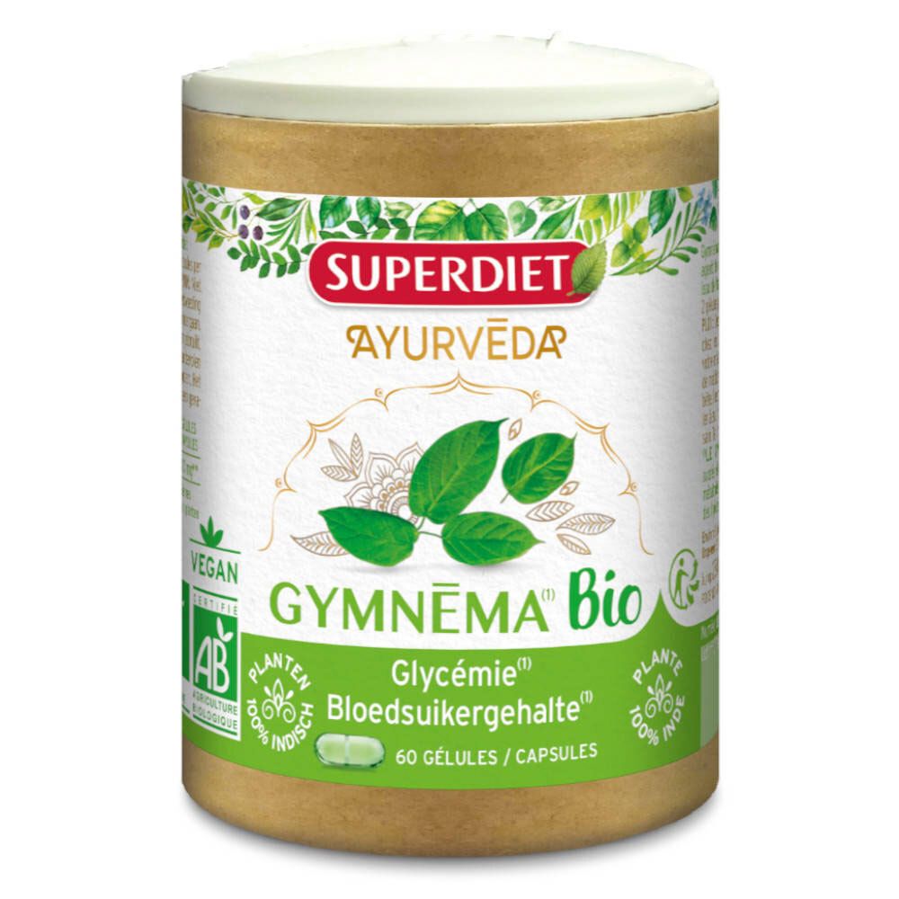 Zylinderförmige Dose mit Deckel. Aufschrift: Super Diet, Ayurveda, Gymnéma Bio. Grün-weiße Etikettierung. 60 Kapseln.