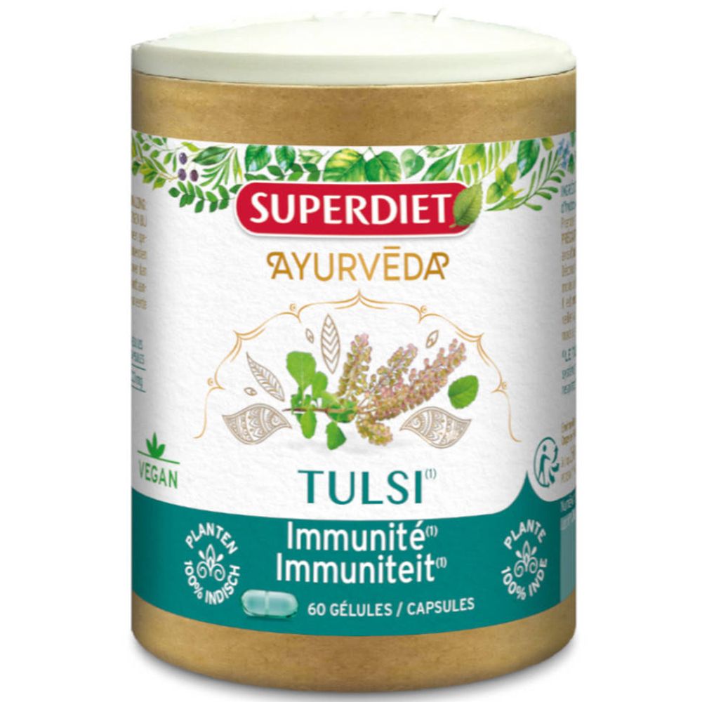 Boîte cylindrique SUPERDIET AYURVÉDA TULSI. Contient 60 gélules. Label végan.