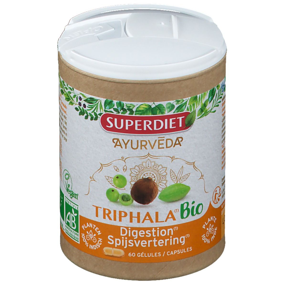Cilindrische doos met deksel. Opschrift: SUPERDIET Ayurveda Triphala Bio. Illustratie van fruit. 60 capsules. AB Bio-label.