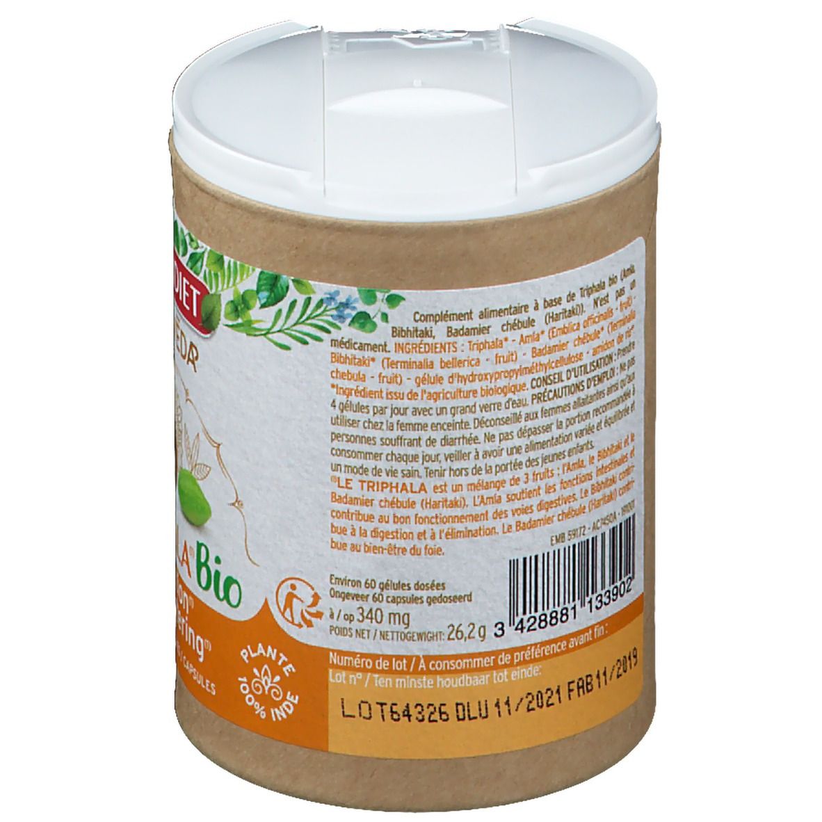 Achterkant van de doos. Tekst met ingrediënten en gebruiksaanwijzing. Streepjescode en houdbaarheidsdatum. AB Bio-label.