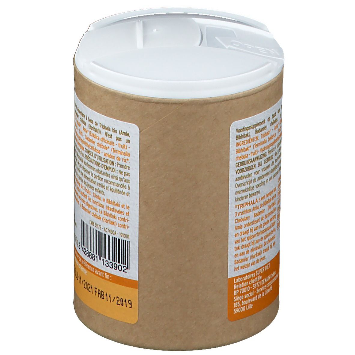 Zijaanzicht van de doos. Tekst met ingrediënten en gebruiksaanwijzing. Streepjescode en houdbaarheidsdatum. AB Bio-label.