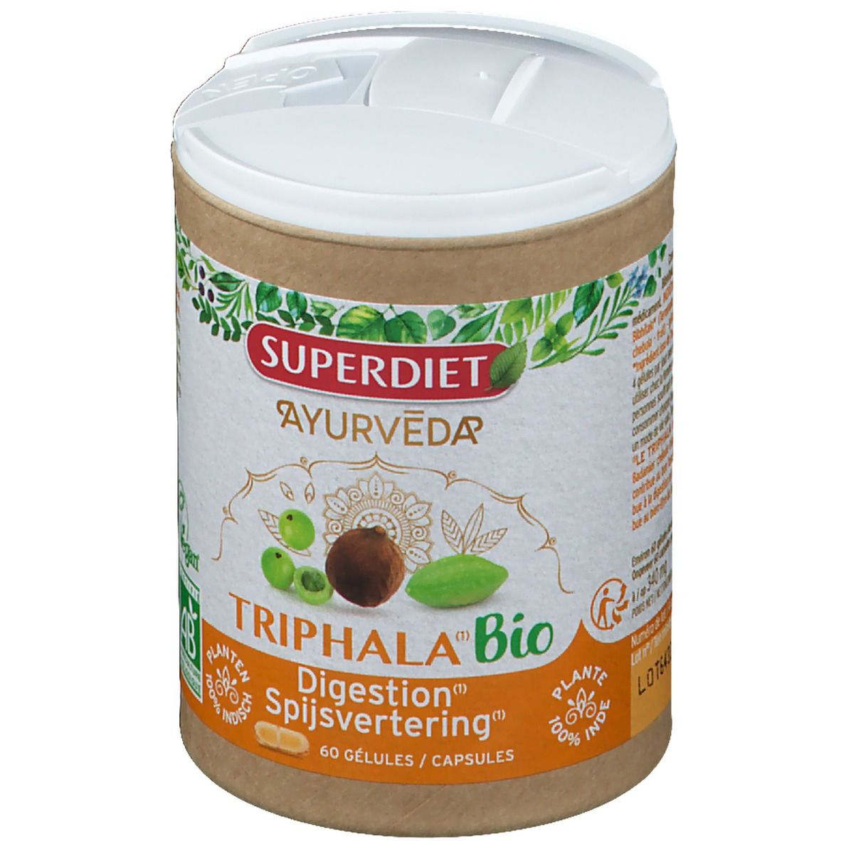 Cilindrische doos met deksel. Opschrift: SUPERDIET Ayurveda Triphala Bio. Illustratie van fruit. 60 capsules. AB Bio-label.