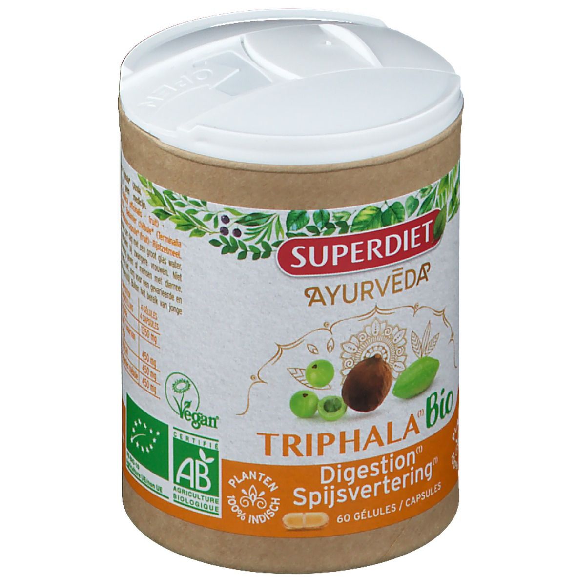 Cilindrische doos met deksel. Opschrift: SUPERDIET Ayurveda Triphala Bio. Illustratie van fruit. 60 capsules. AB Bio-label.