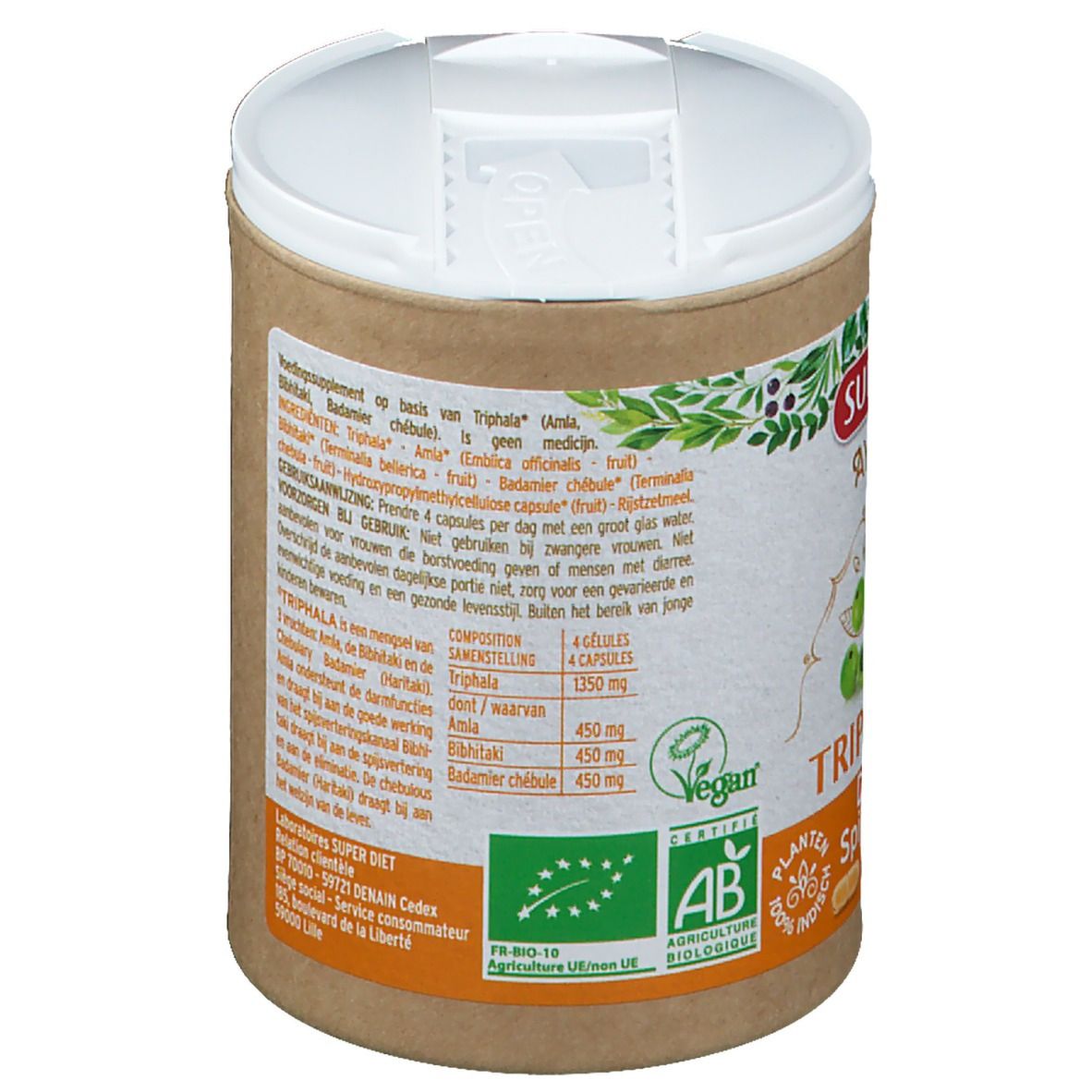 Achterkant van de doos. Tekst met ingrediënten en gebruiksaanwijzing. Streepjescode en houdbaarheidsdatum. AB Bio-label.