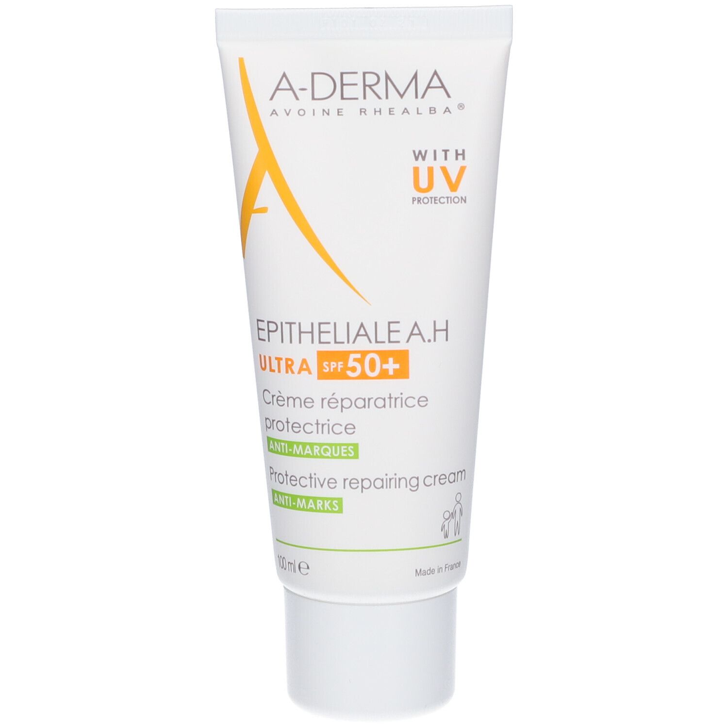 Crèmetube met A-DERMA-logo en EPITHELIALE A.H ULTRA SPF50+. Witte tube met groene en oranje tekst. UV-bescherming.
