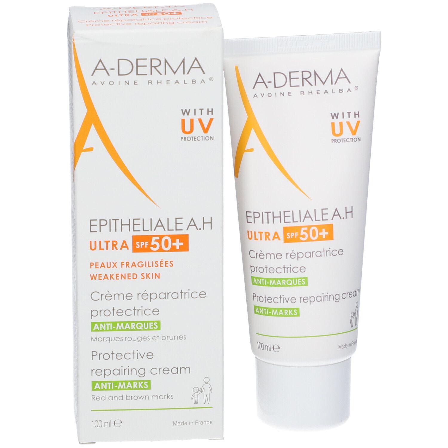 Verpakking en tube A-DERMA EPITHELIALE A.H ULTRA SPF50+. Witte verpakking en tube met groene en oranje tekst. UV-bescherming.