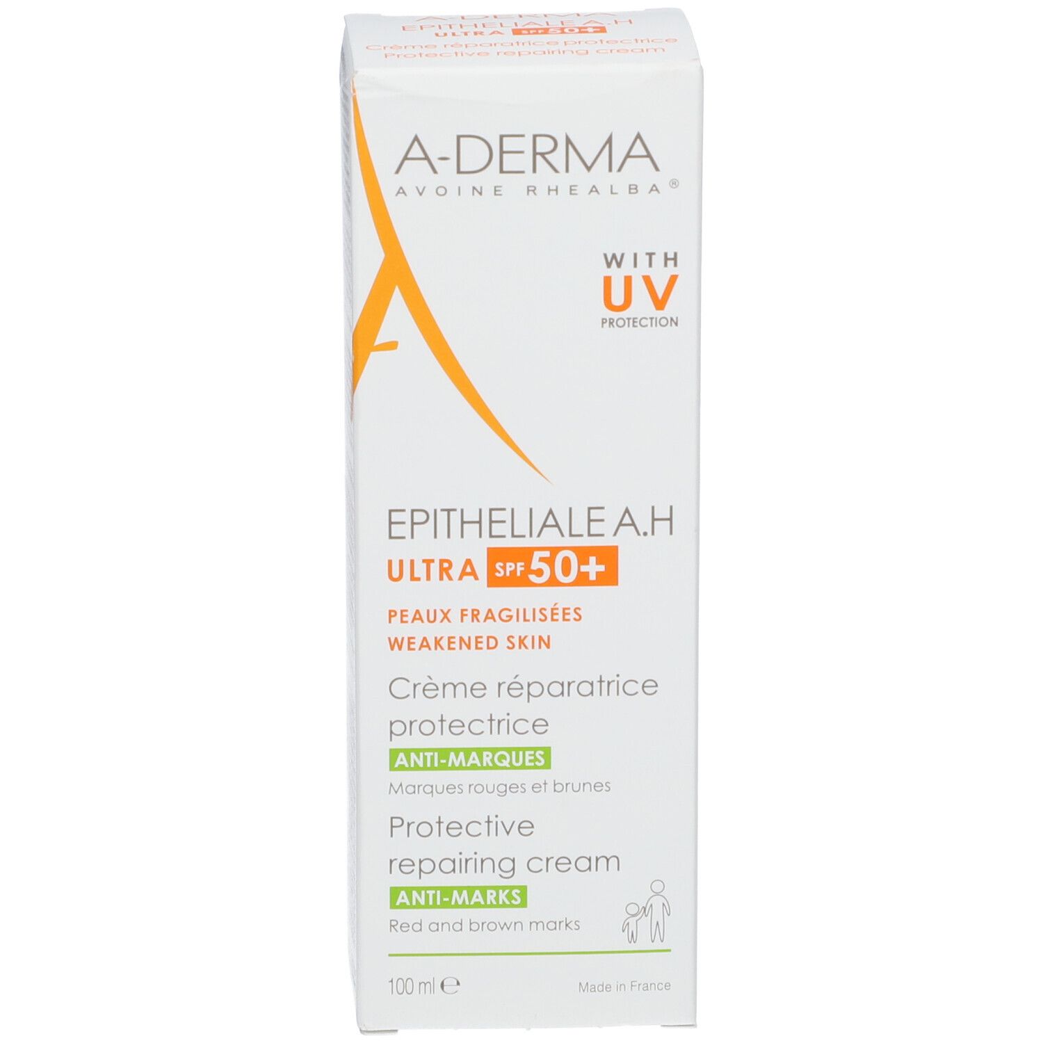 Verpakking A-DERMA EPITHELIALE A.H ULTRA SPF50+. Witte verpakking met groene en oranje tekst. Voor verzwakte huid.