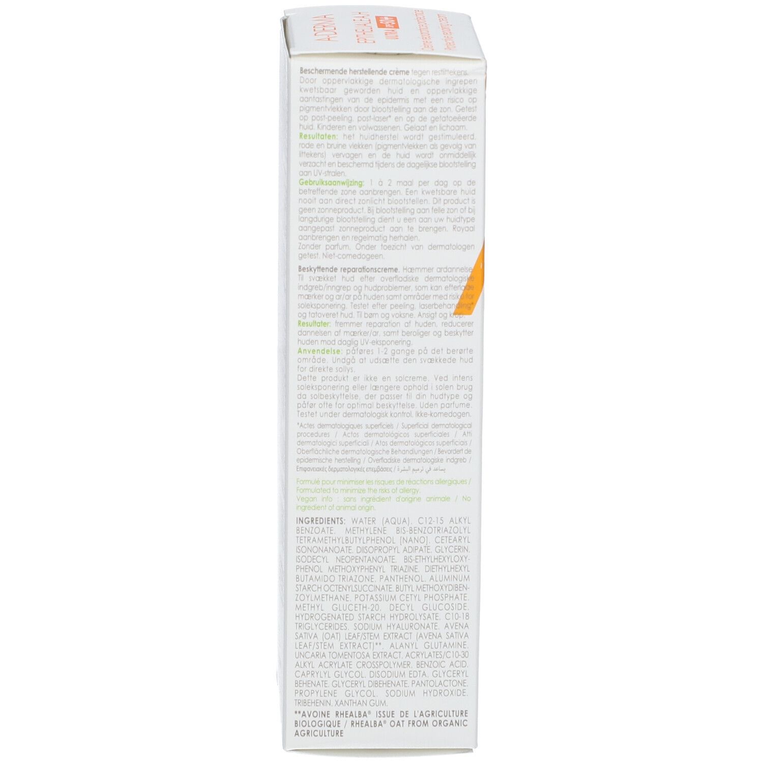 Achterkant van de verpakking A-DERMA EPITHELIALE A.H ULTRA SPF50+. Tekst in meerdere talen. Ingrediënten en gebruiksaanwijzing.