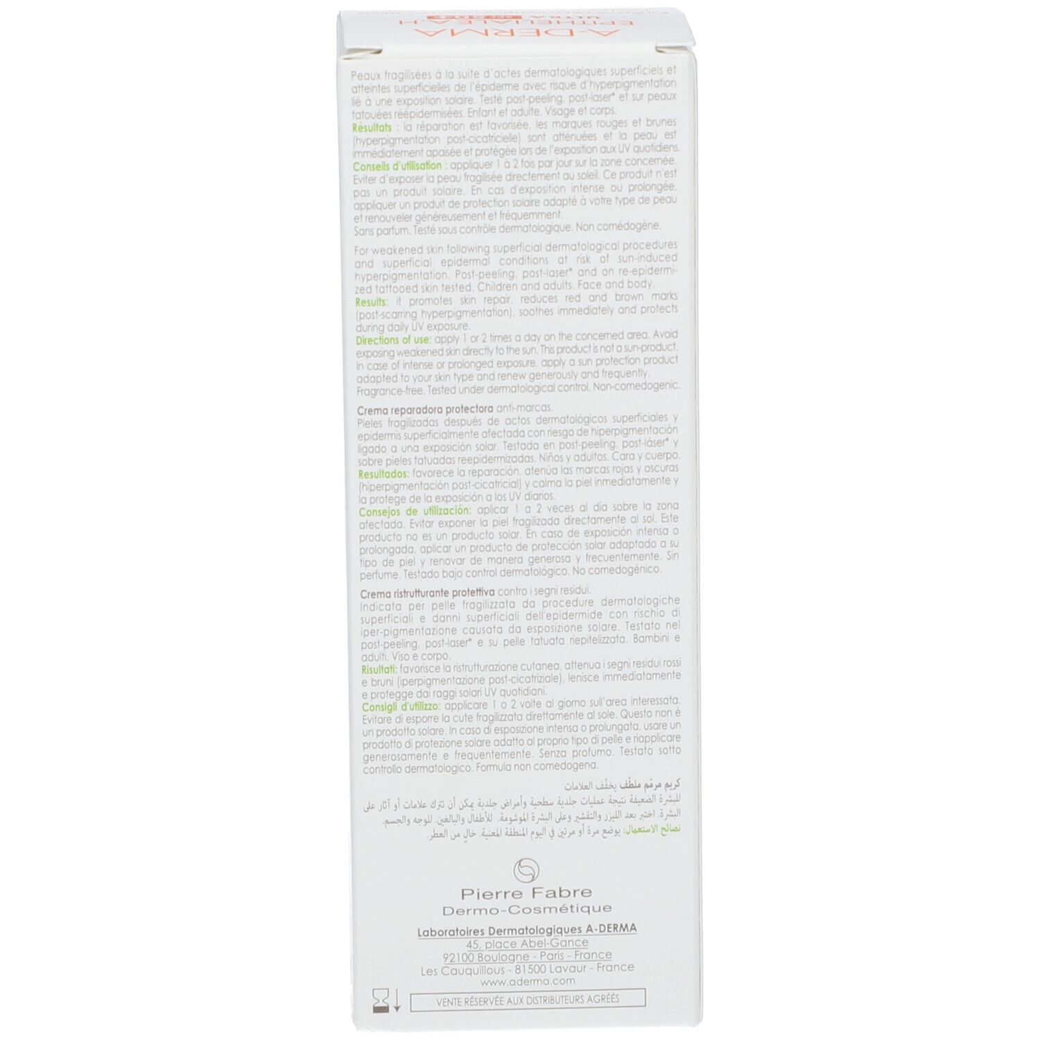 Achterkant van de verpakking A-DERMA EPITHELIALE A.H ULTRA SPF50+. Tekst in meerdere talen. Gebruik en voordelen.