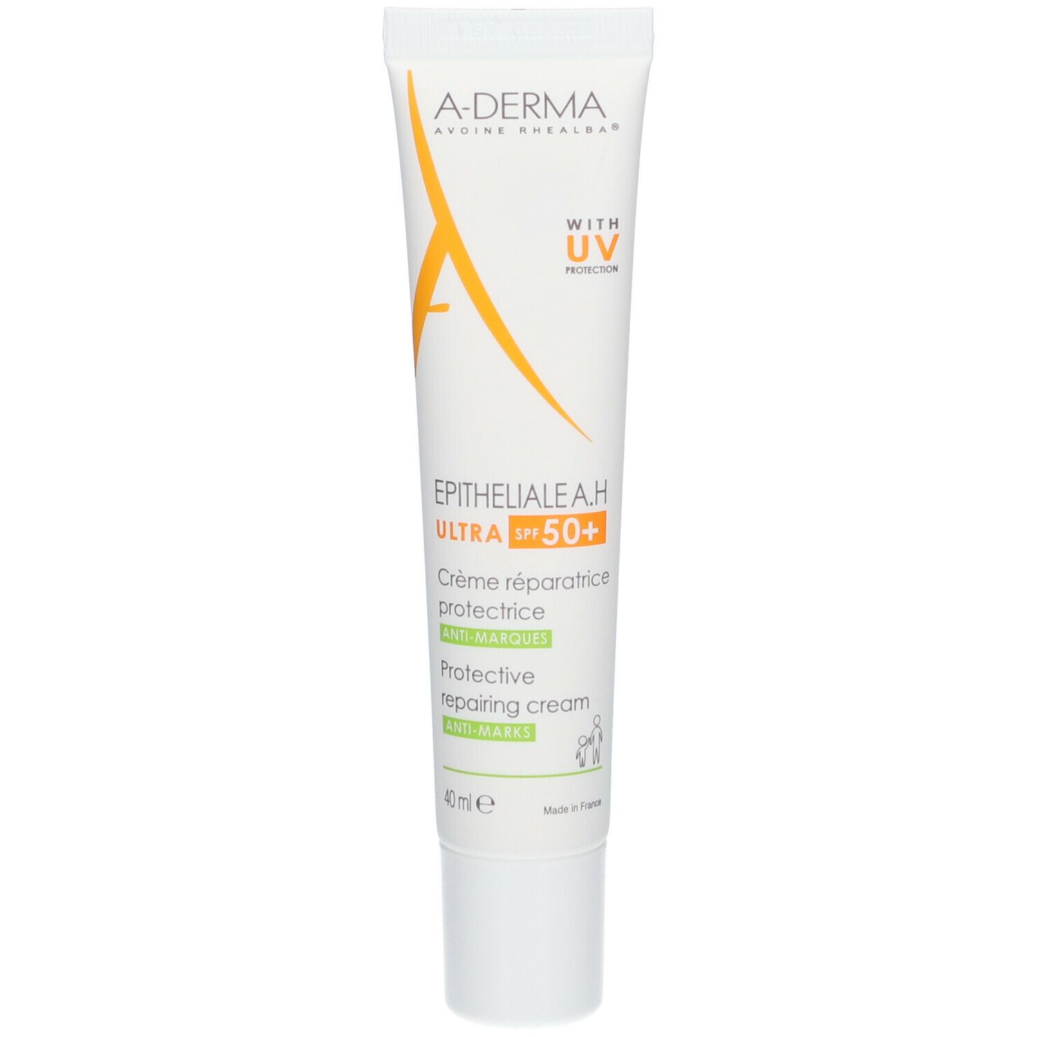 Tube blanche A-DERMA EPITHEALIALE A.H. ULTRA SPF 50+. Protection UV. Crème réparatrice protectrice. 40ml.