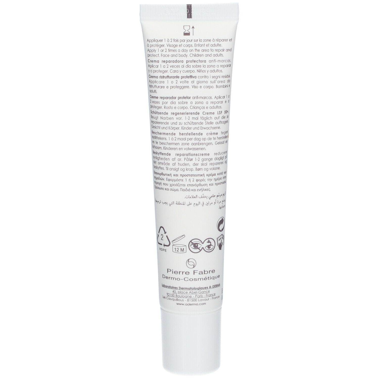 Dos du tube blanc. Texte multilingue. Pierre Fabre Dermo-Cosmétique. Symbole 12M.