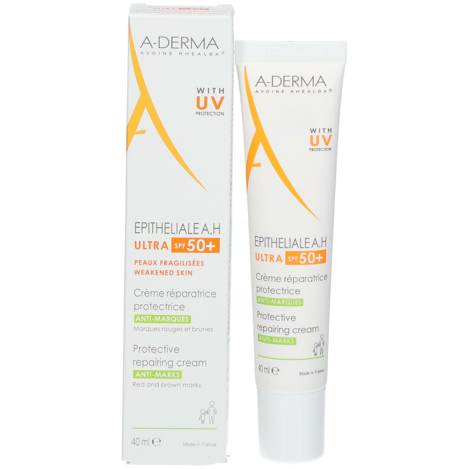 Emballage et tube A-DERMA EPITHEALIALE A.H. ULTRA SPF 50+. Protection UV. Crème pour peau fragilisée. 40ml.