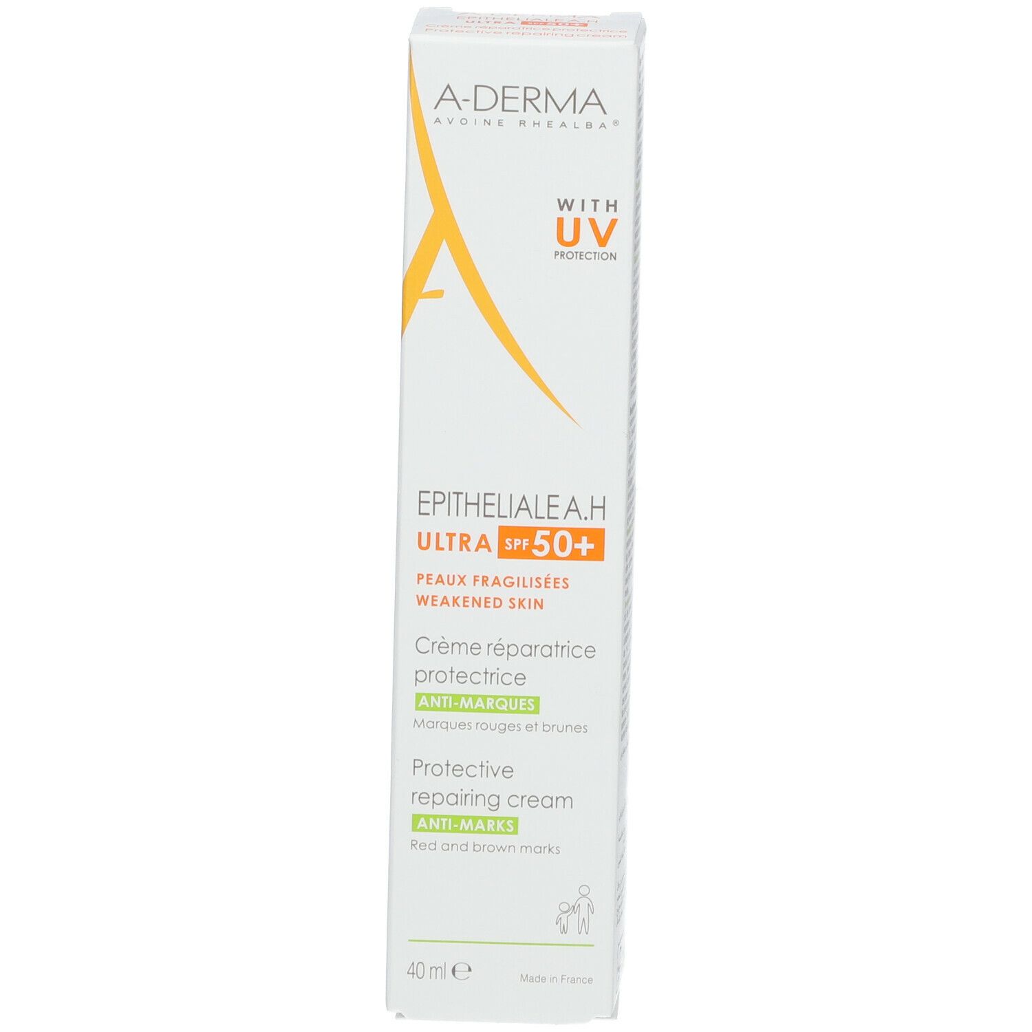 Emballage A-DERMA EPITHEALIALE A.H. ULTRA SPF 50+. Protection UV. Crème pour peau fragilisée. 40ml.