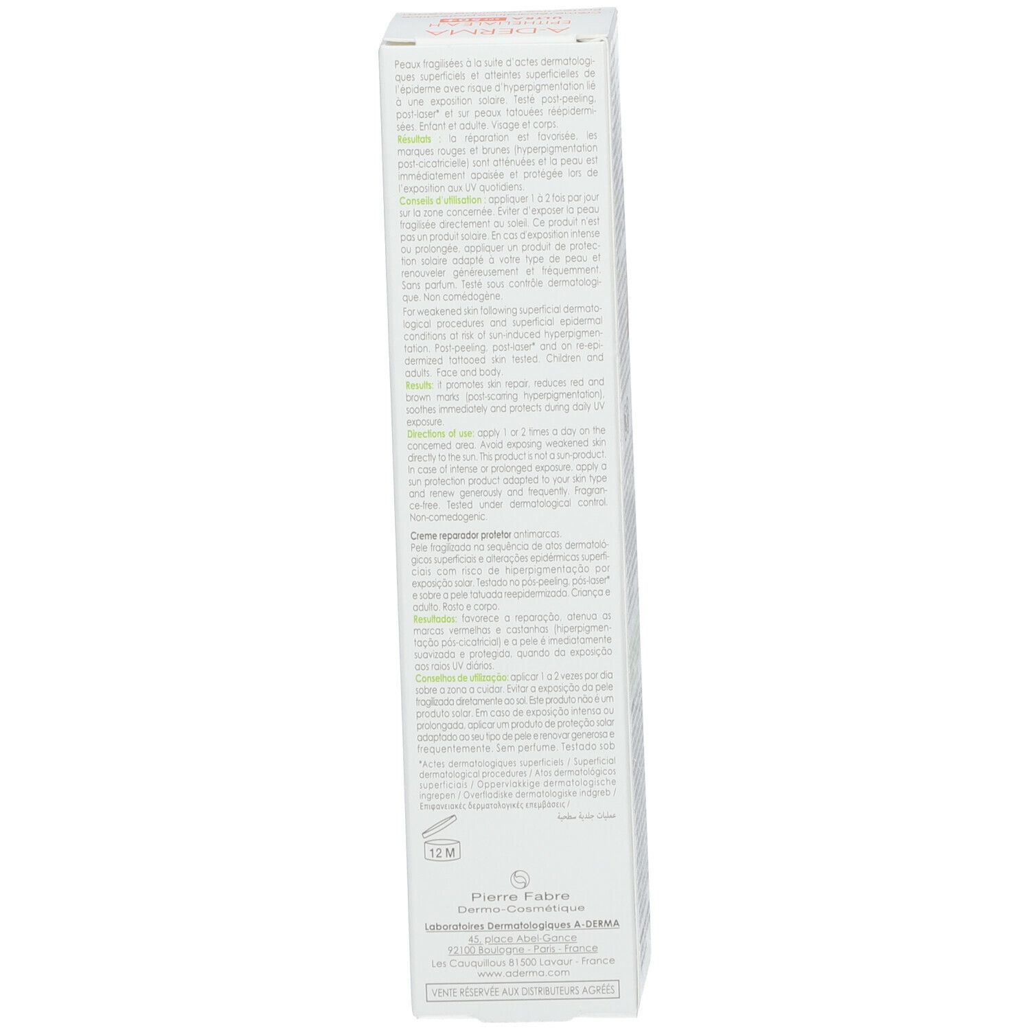 Côté de l'emballage. Texte multilingue. Informations d'utilisation et ingrédients.