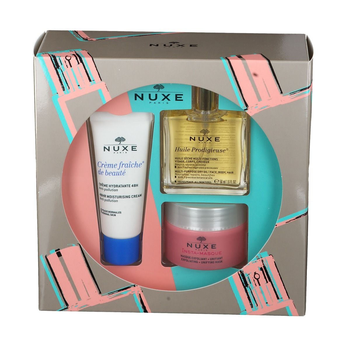 Coffret cadeau NUXE. Contient crème hydratante, huile prodigieuse et masque. Emballage avec logo NUXE. Produits visibles.