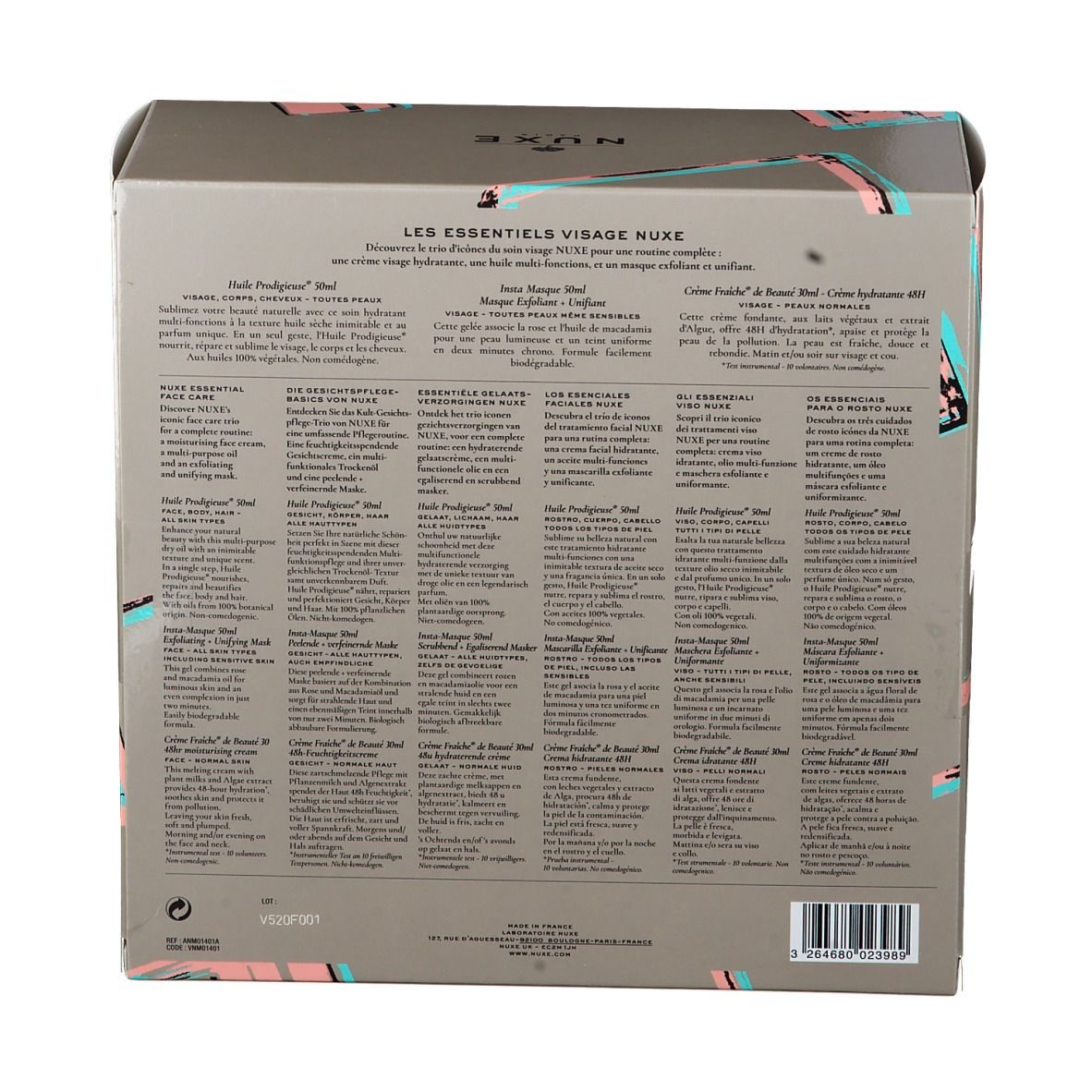 Dos du coffret cadeau. Texte en plusieurs langues. Contient des informations sur les produits et les ingrédients.