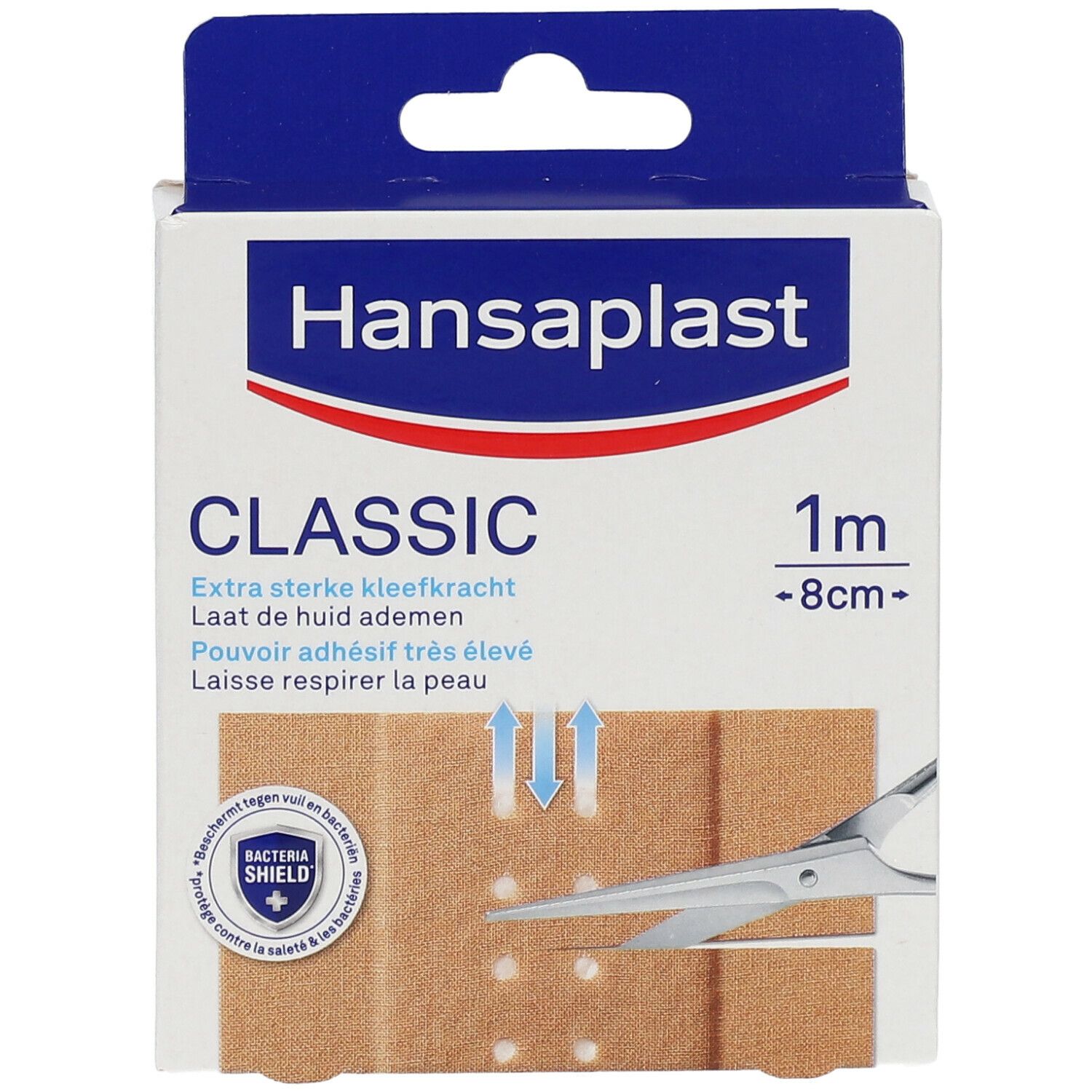 Verpakking met Hansaplast Classic pleisters. Afmetingen: 1 m x 8 cm. Opschriften: Classic, extra sterke kleefkracht, Bacteria Shield.