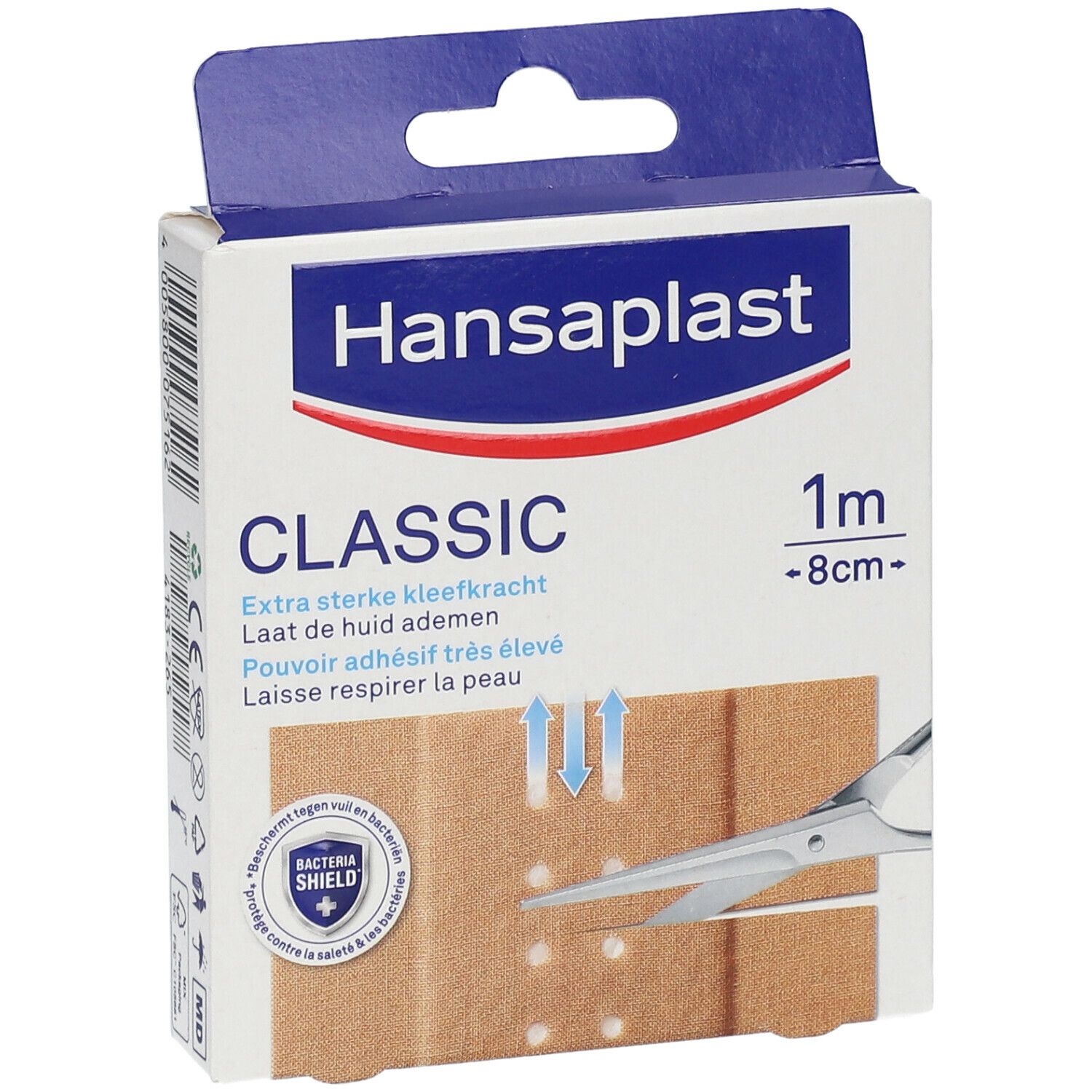 Verpakking met Hansaplast Classic pleisters. Afmetingen: 1 m x 8 cm. Opschriften: Classic, extra sterke kleefkracht, Bacteria Shield.