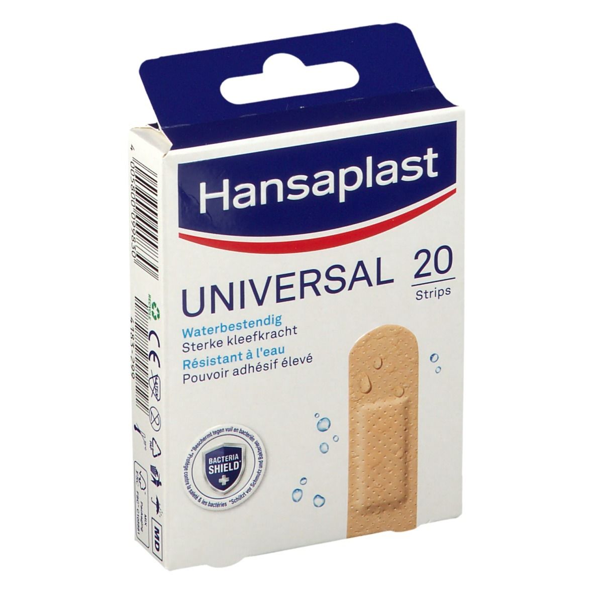 Boîte de pansements Hansaplast Universal. 20 strips. Résistant à l'eau, pouvoir adhésif élevé.