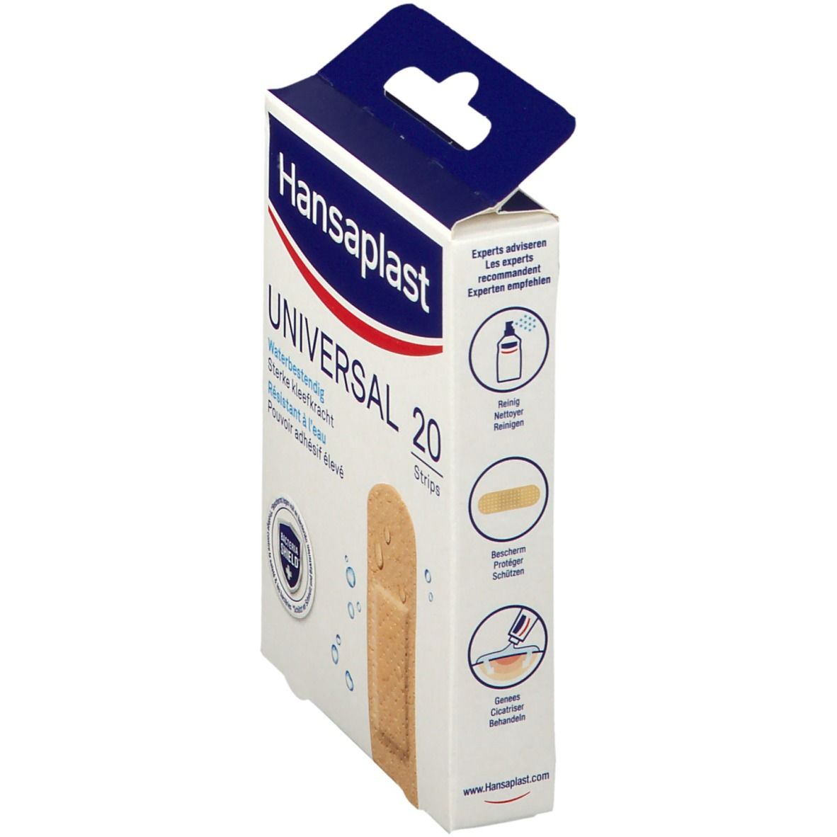 Boîte de pansements Hansaplast Universal. 20 strips. Résistant à l'eau, ouverte.