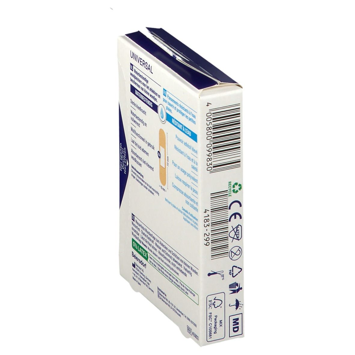 Vue latérale de la boîte de pansements Hansaplast Universal. Informations et code-barres.