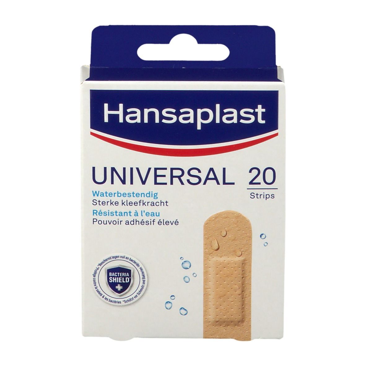 Boîte de pansements Hansaplast Universal. 20 strips. Résistant à l'eau, pouvoir adhésif élevé.