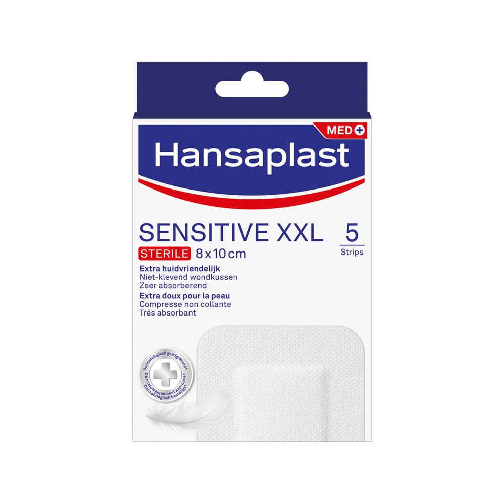 Boîte de pansements Hansaplast Sensitive XXL stériles 8x10cm. Contient 5 pansements. Inscription : Extra doux pour la peau.