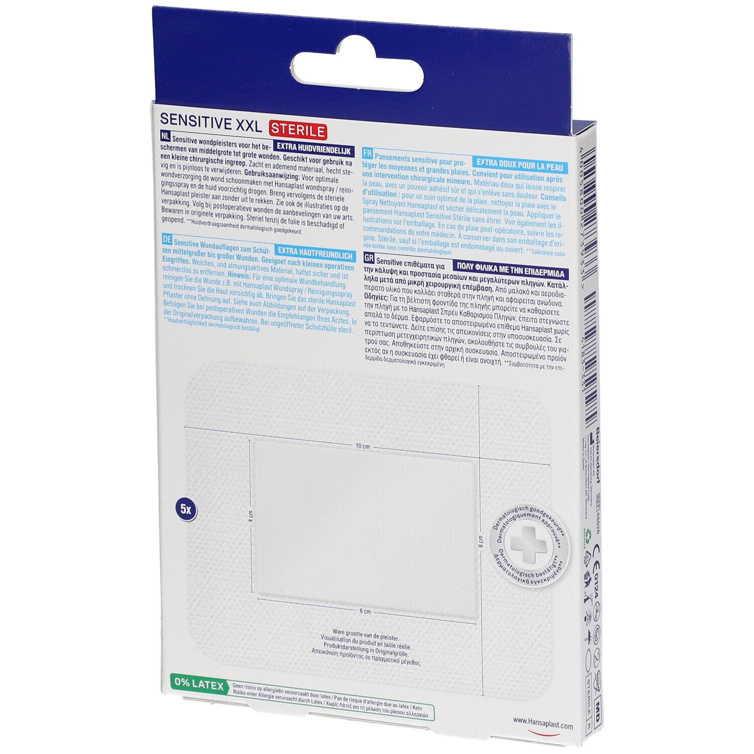 Dos de l'emballage Hansaplast Sensitive XXL. Informations sur les pansements, indication de taille et certifications.
