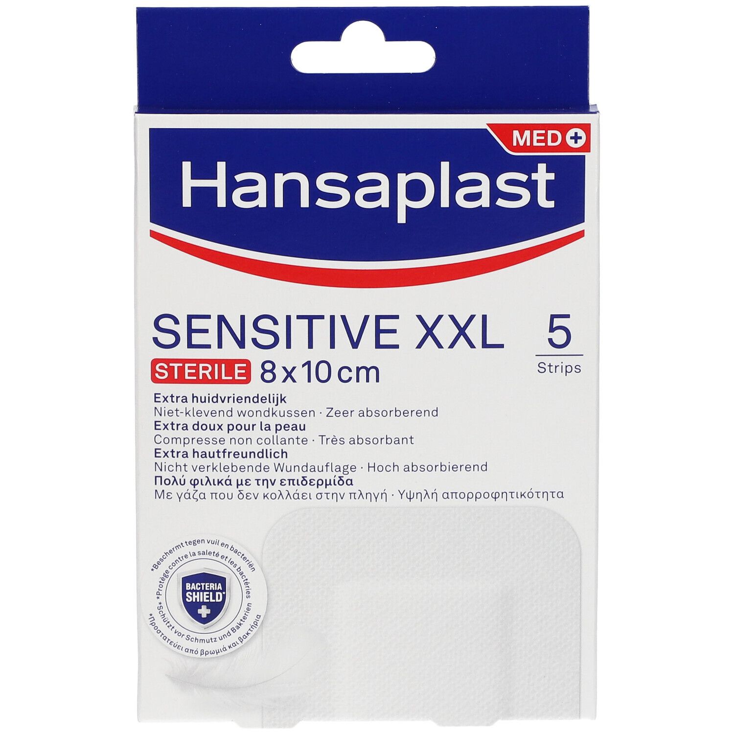 Boîte de pansements Hansaplast Sensitive XXL stériles 8x10cm. Contient 5 pansements. Inscription : Extra doux pour la peau.