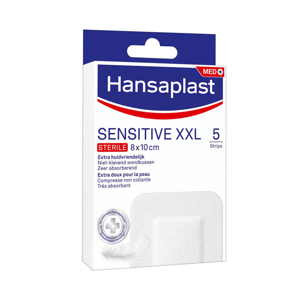 Boîte de pansements Hansaplast Sensitive XXL stériles 8x10cm. Contient 5 pansements. Inscription : Extra doux pour la peau.