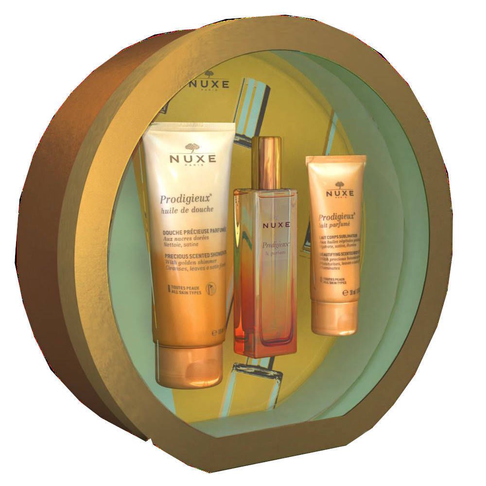 Coffret Nuxe Prodigieux®. Ensemble rond avec gel douche, parfum et lait parfumé. Emballage doré.