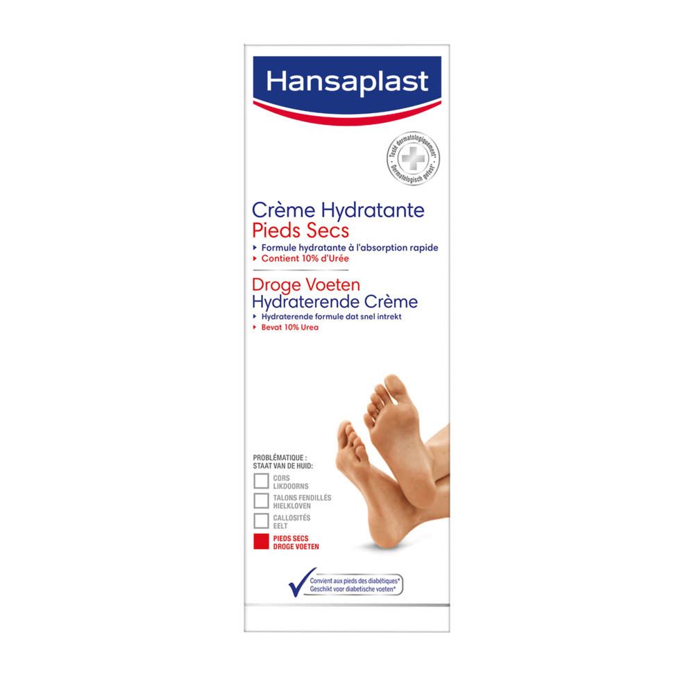 Verpakking Hansaplast Crème Hydratante Pieds Secs. Tekst over het merk en info. 100ml.
