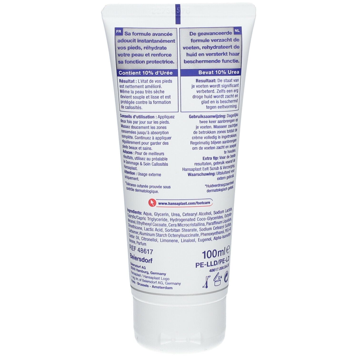 Achterkant van de Hansaplast Crème Hydratante Pieds Secs tube. Ingrediënten, gebruiksaanwijzing en info. 100ml.