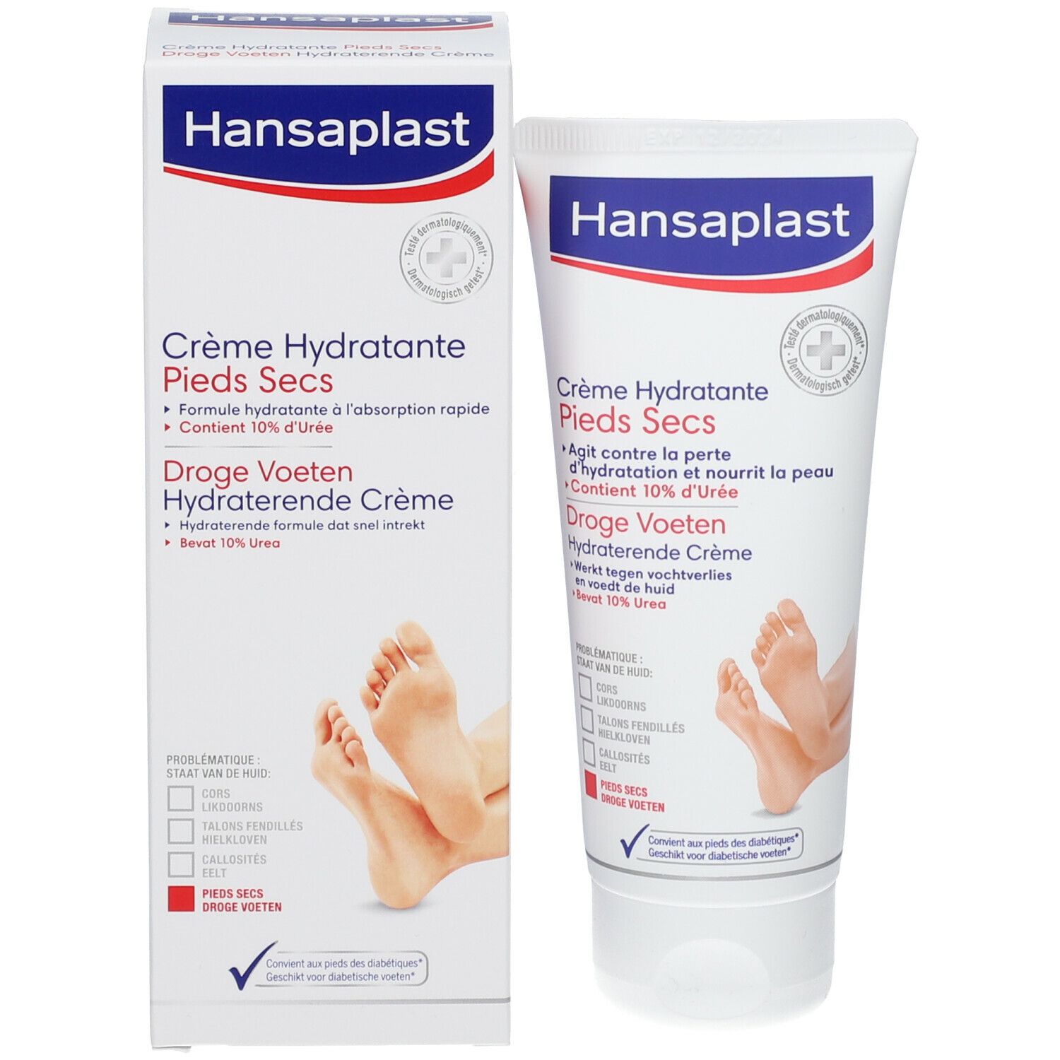 Hansaplast Crème Hydratante Pieds Secs en verpakking. Productinfo en afbeelding van voeten. Bevat 10% ureum.