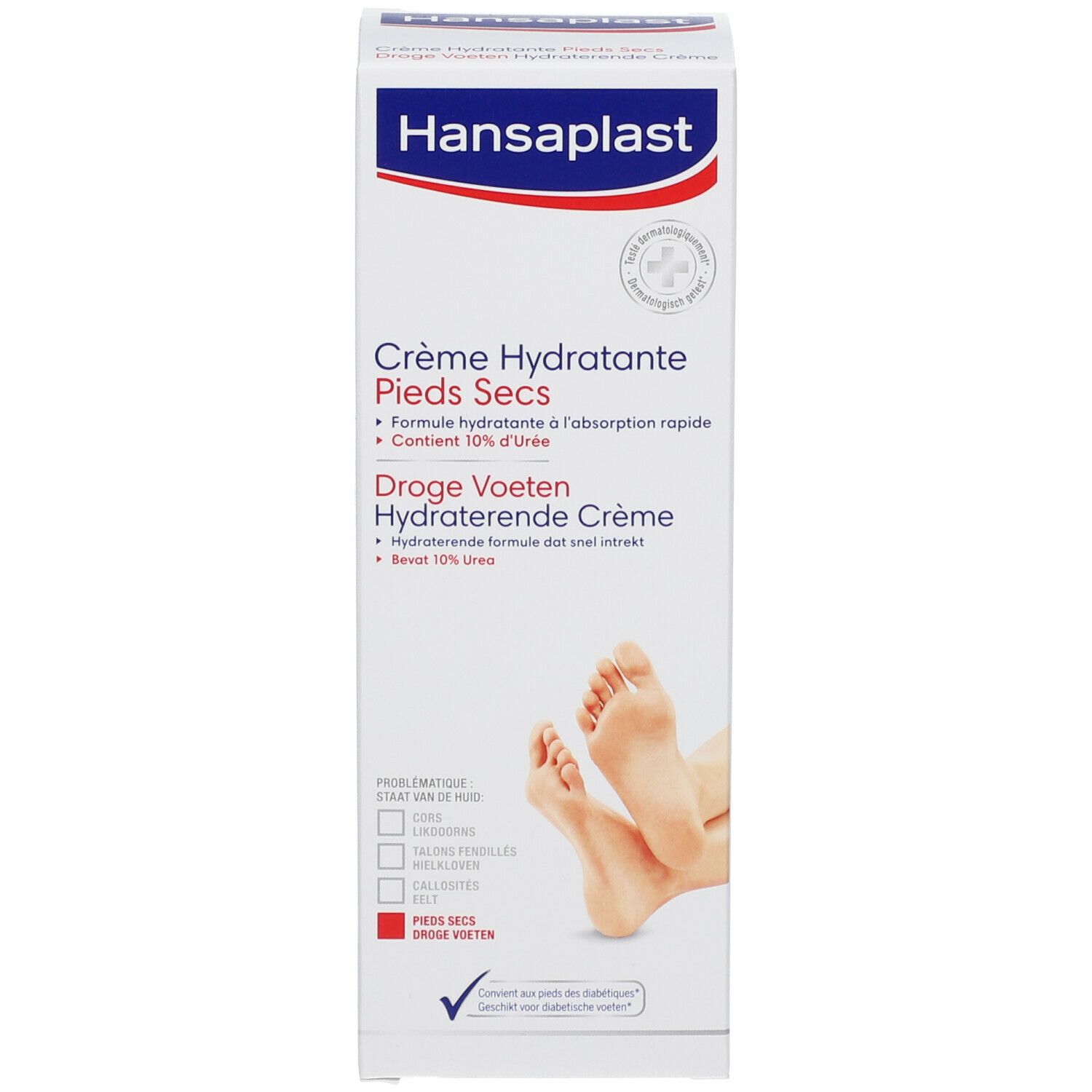 Hansaplast Crème Hydratante Pieds Secs verpakking. Productinfo en afbeelding van voeten. Bevat 10% ureum.