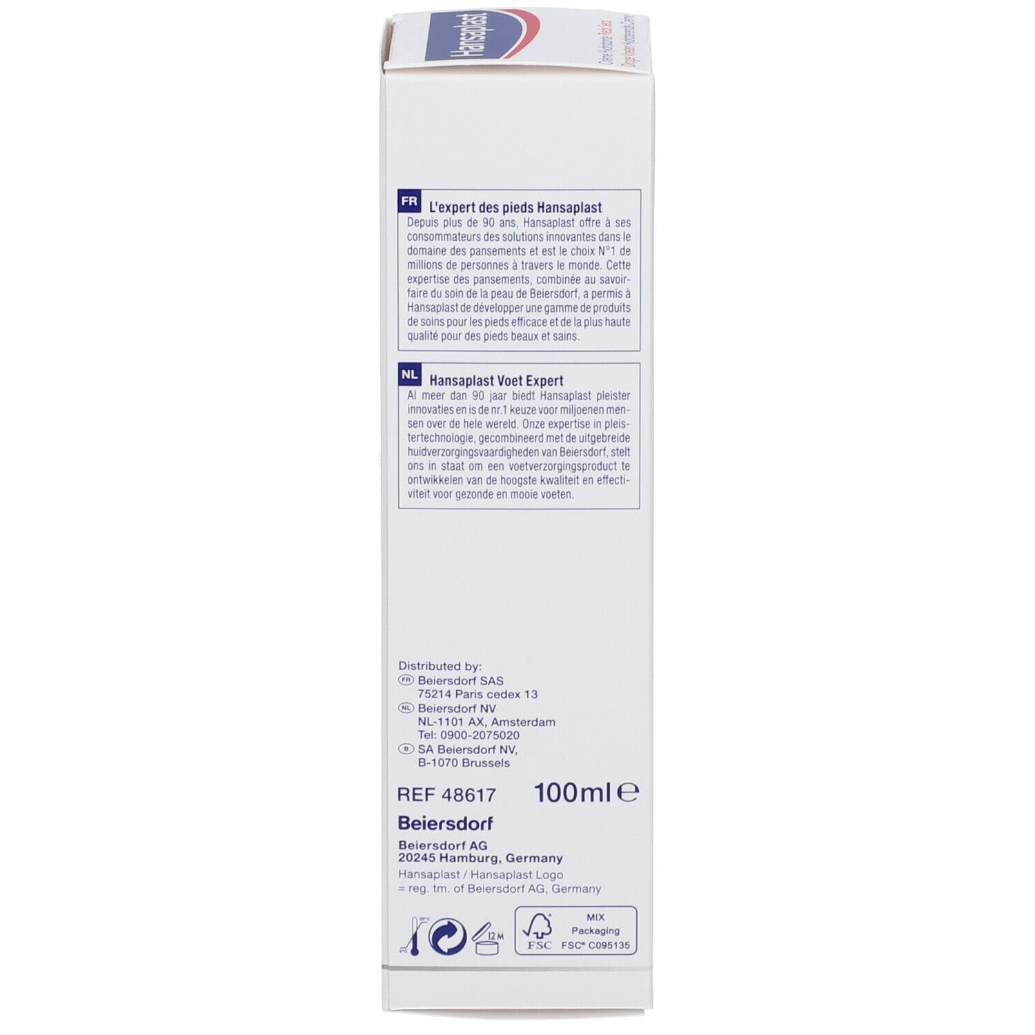 Diagram: Hansaplast Crème Hydratante Pieds Secs. Formule, intensieve hydratatie, vermindert eelt, 10% ureum.