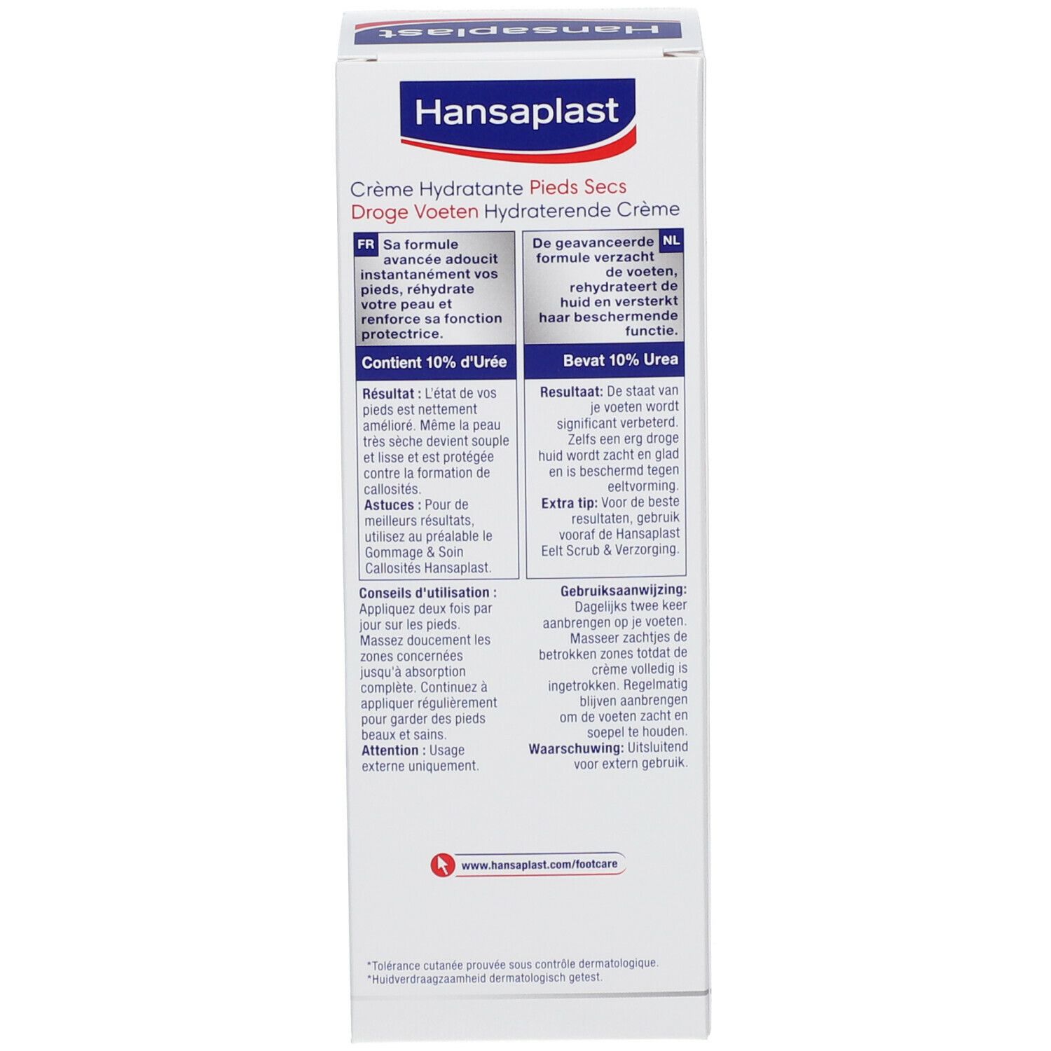 Diagram: Hansaplast Crème Hydratante Pieds Secs. Verbeterde hydratatie en huidtolerantie op zeer droge huid.