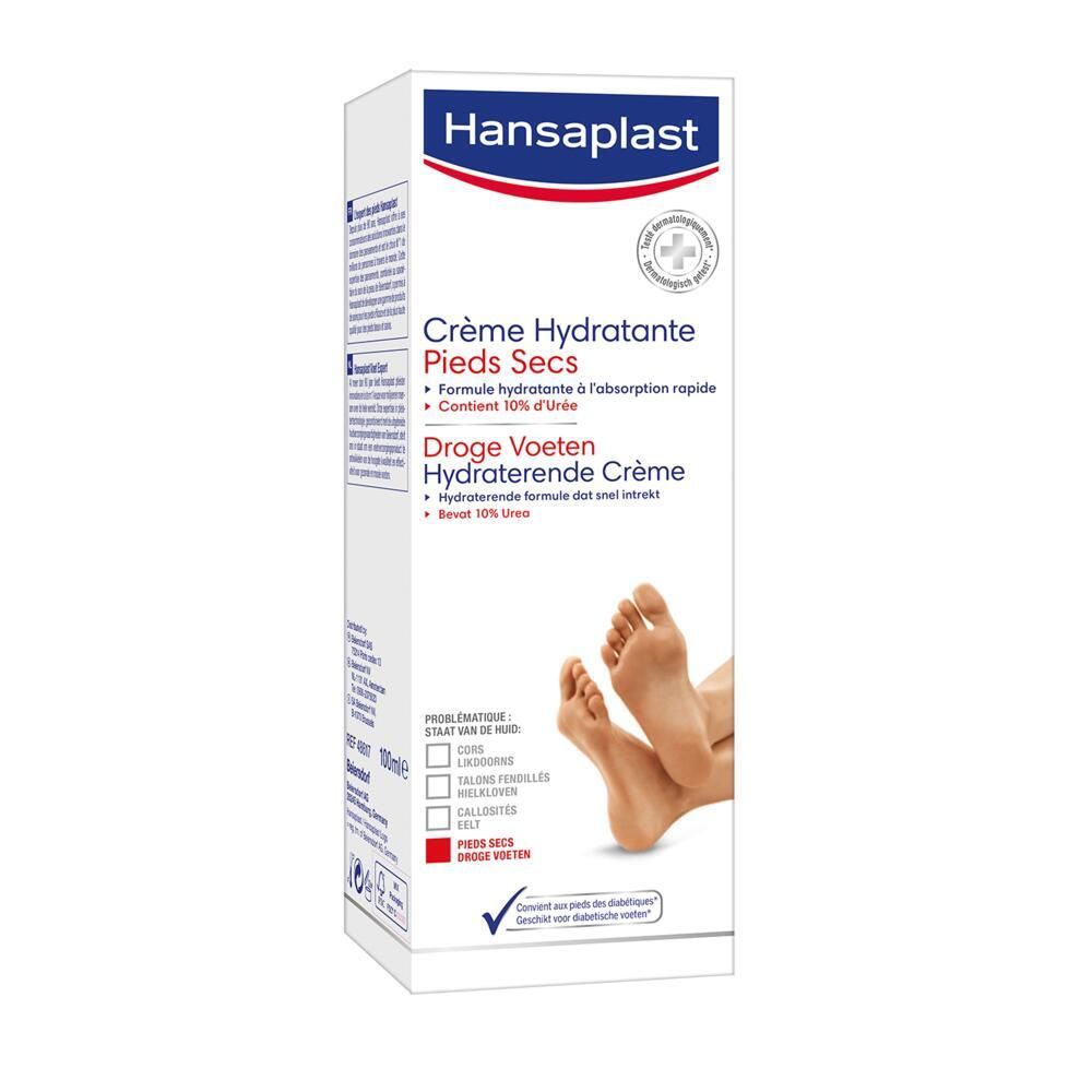 Hansaplast Crème Hydratante Pieds Secs. Witte verpakking. Bevat 10% ureum. Voor droge voeten.